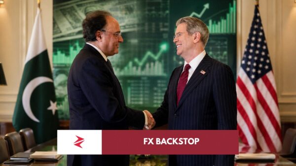 Senior Pakistani and American officials shaking hands against Pakistan foreign-reserve growth graphics