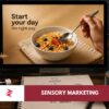 Sensory marketing advertisement using product orientation, colour, texture and imagined sound to influence consumer attention.