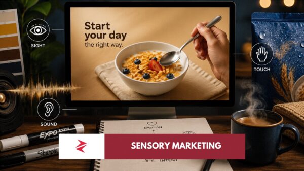 Sensory marketing advertisement using product orientation, colour, texture and imagined sound to influence consumer attention.