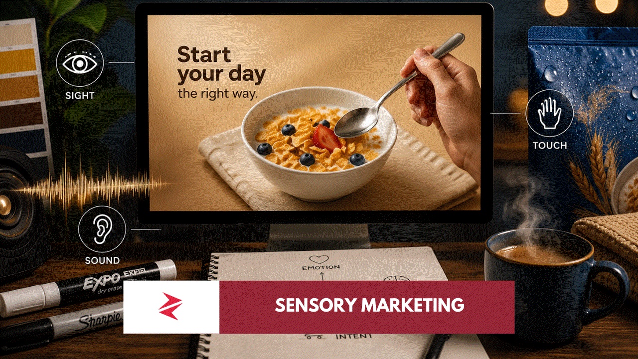 Sensory marketing advertisement using product orientation, colour, texture and imagined sound to influence consumer attention.