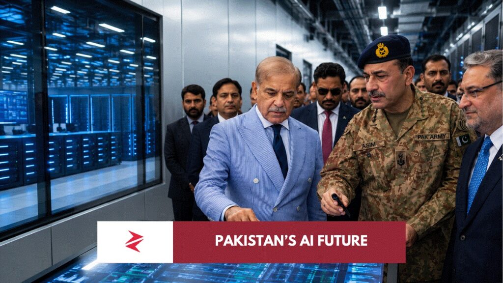 Pakistani civilian and military officials reviewing the Sky47 Karakoram-01 AI data centre launch display near Islamabad