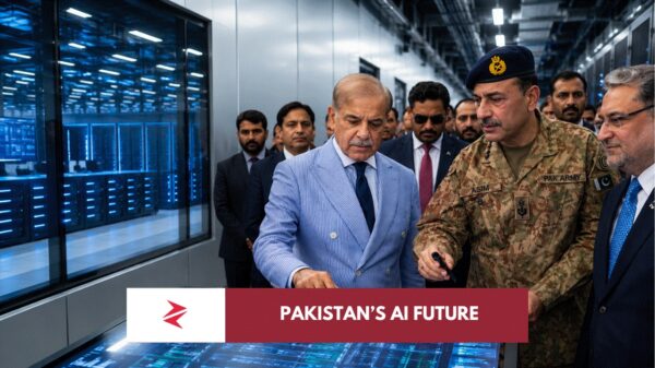 Pakistani civilian and military officials reviewing the Sky47 Karakoram-01 AI data centre launch display near Islamabad