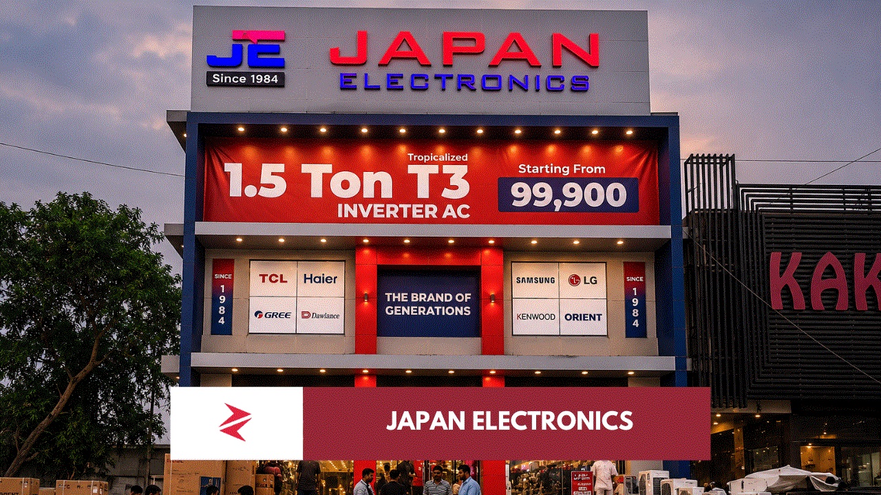 Japan Electronics style AC showroom in Pakistan showing retail disruption in the T3 inverter air conditioner market.