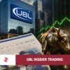 United Bank Limited headquarters with PSX trading board, insider buying disclosure and bullish banking sector illustration representing institutional confidence in Pakistan's stock market.