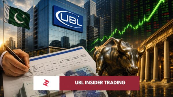 United Bank Limited headquarters with PSX trading board, insider buying disclosure and bullish banking sector illustration representing institutional confidence in Pakistan's stock market.