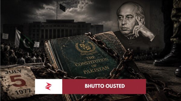Chained Constitution of Pakistan symbolizing the impact of 5 July 1977 martial law on democracy and civilian rule