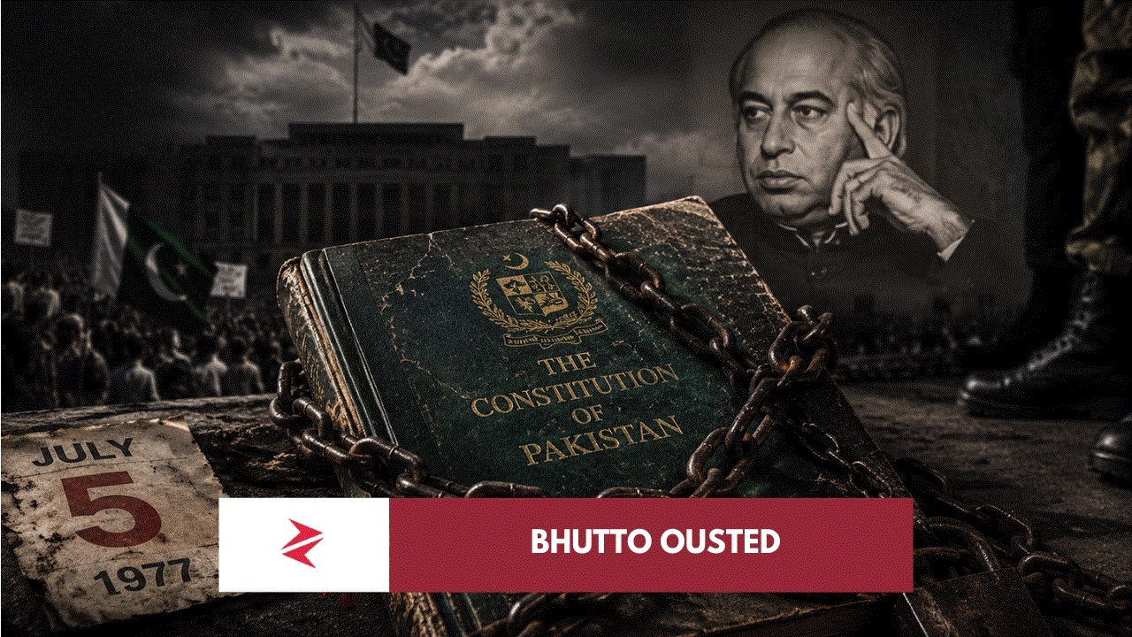 Chained Constitution of Pakistan symbolizing the impact of 5 July 1977 martial law on democracy and civilian rule