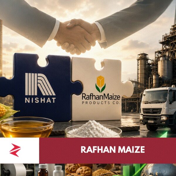 Rafhan Maize production facility with Nishat Group industrial operations, maize fields and export containers representing Pakistan's food processing industry.