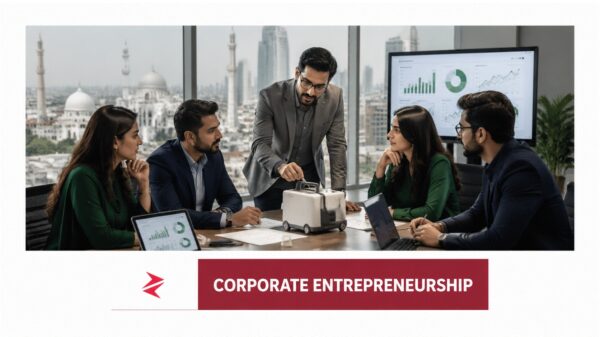 Pakistani corporate entrepreneurship team evaluating an innovative product prototype in a Lahore boardroom