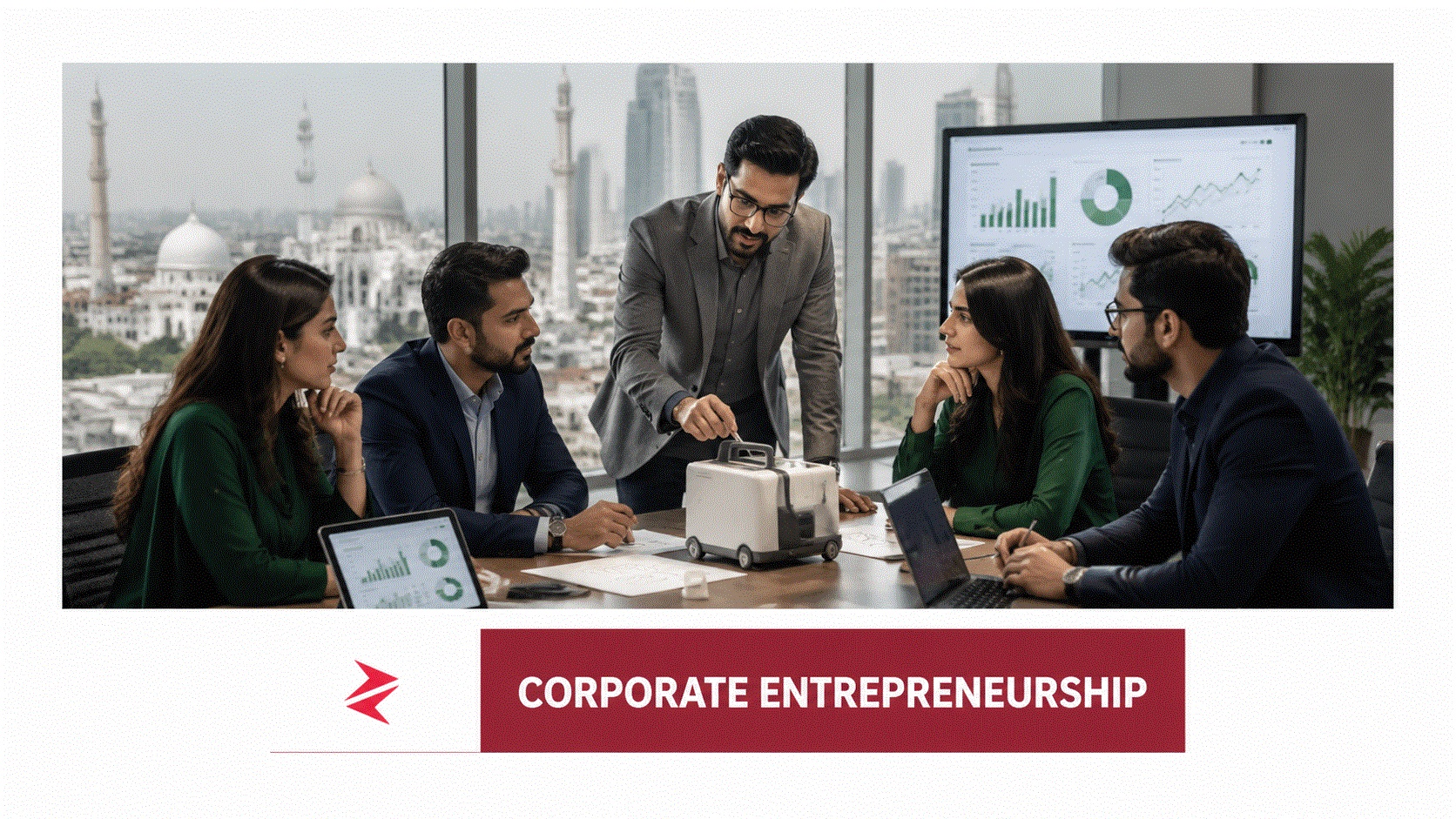 Pakistani corporate entrepreneurship team evaluating an innovative product prototype in a Lahore boardroom