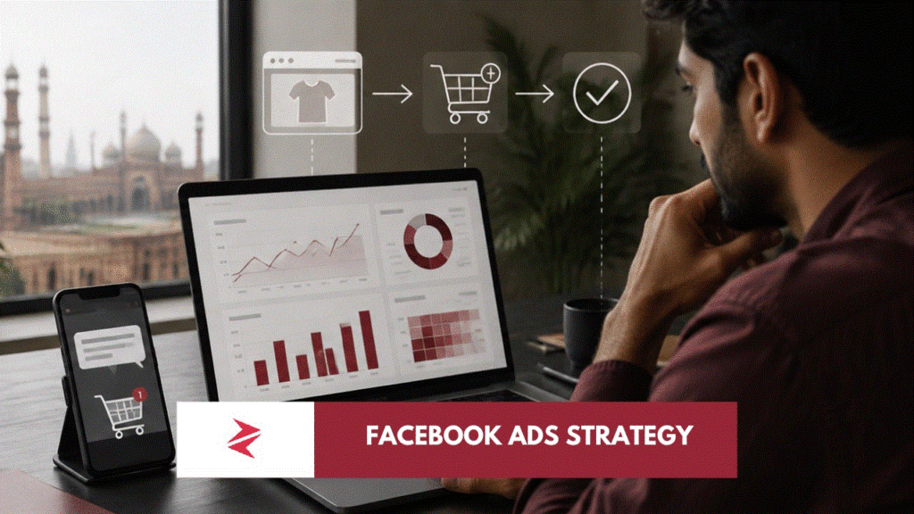 Pakistani ecommerce operator analysing Facebook remarketing and abandoned-cart conversions on a laptop