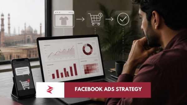 Pakistani ecommerce operator analysing Facebook remarketing and abandoned-cart conversions on a laptop