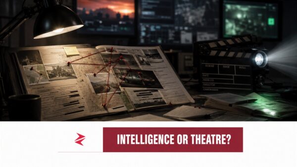 Intelligence dossier and film clapperboard illustrating India’s Bollywoodization of spy-network allegations against Pakistan