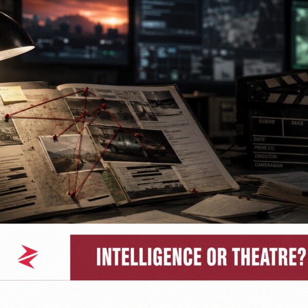 Intelligence dossier and film clapperboard illustrating India’s Bollywoodization of spy-network allegations against Pakistan