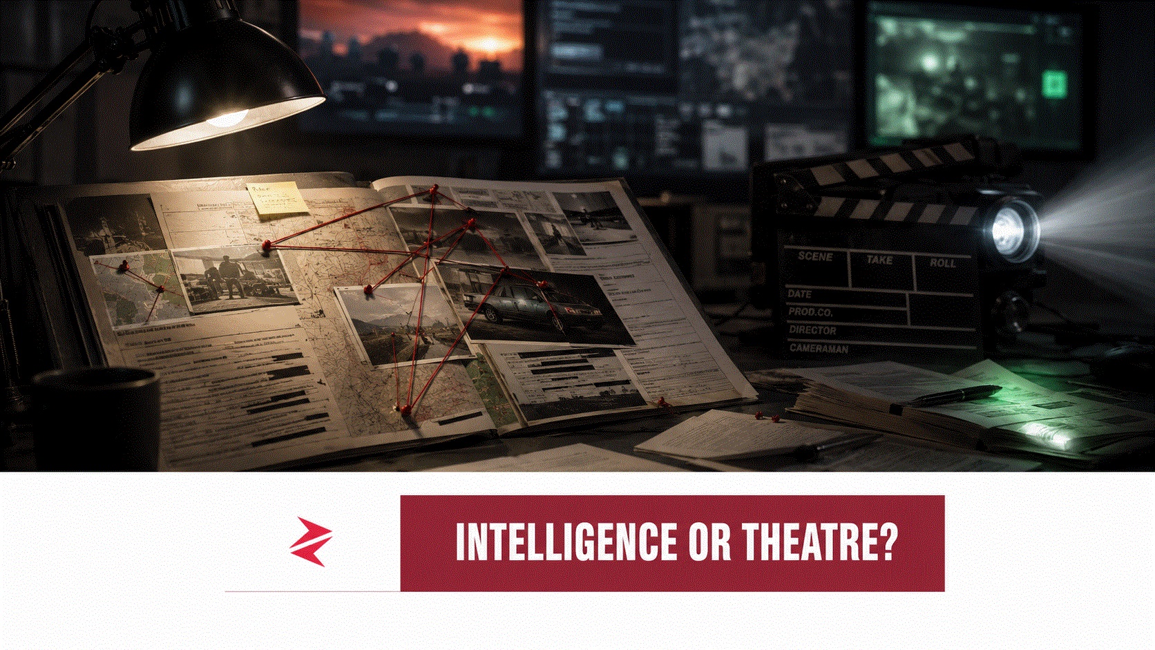 Intelligence dossier and film clapperboard illustrating India’s Bollywoodization of spy-network allegations against Pakistan