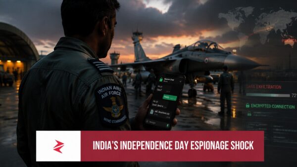 Anonymous Indian Air Force Wing Commander using a smartphone amid an alleged Pakistan-linked espionage investigation