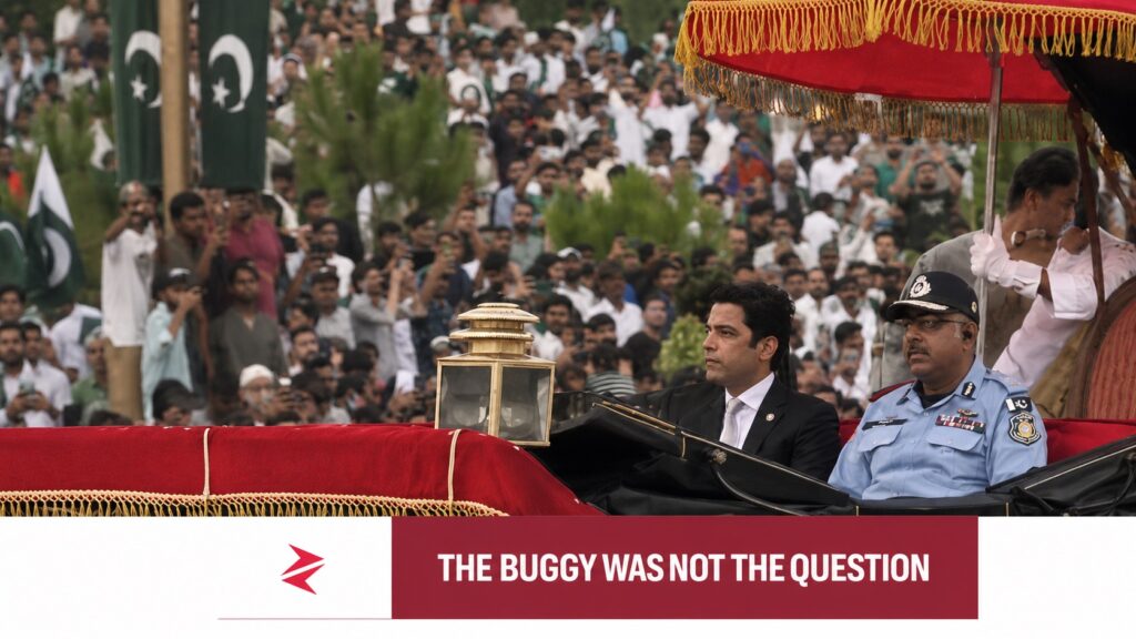 Islamabad officials riding a ceremonial buggy during Pakistan Independence Day celebrations amid criticism of VIP culture