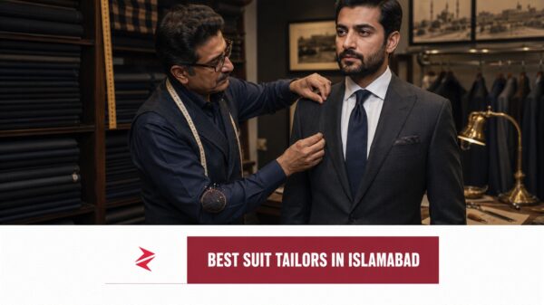 Pakistani master tailor fitting a charcoal suit at a premium bespoke tailoring shop in Islamabad