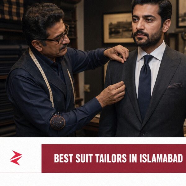 Pakistani master tailor fitting a charcoal suit at a premium bespoke tailoring shop in Islamabad