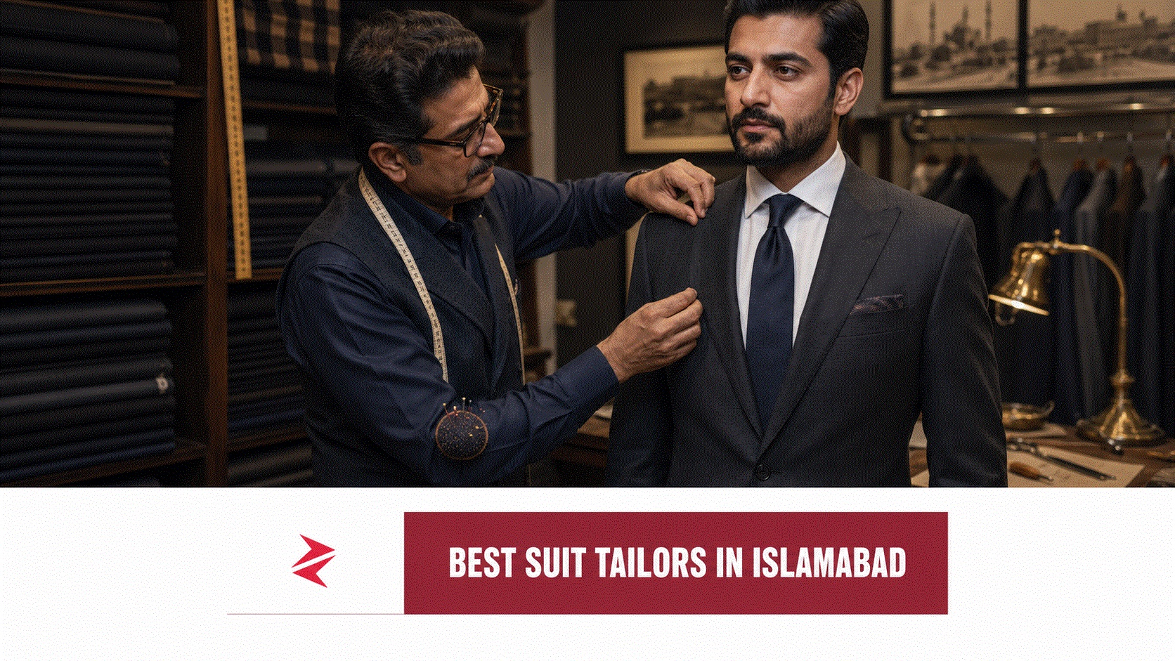 Pakistani master tailor fitting a charcoal suit at a premium bespoke tailoring shop in Islamabad