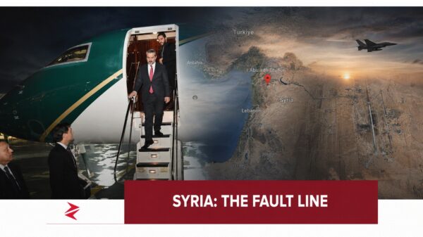 Syrian Foreign Minister Asaad al-Shaibani arriving in Islamabad beside a map of Abu al-Duhur Airbase following Israeli strikes in Syria.