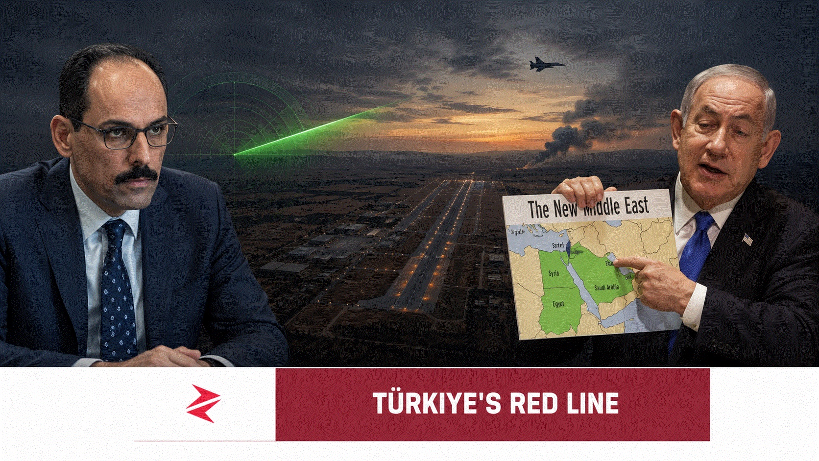İbrahim Kalın and Benjamin Netanyahu overlooking Abu al-Duhur airbase as radar tracks an Israeli aircraft near Türkiye