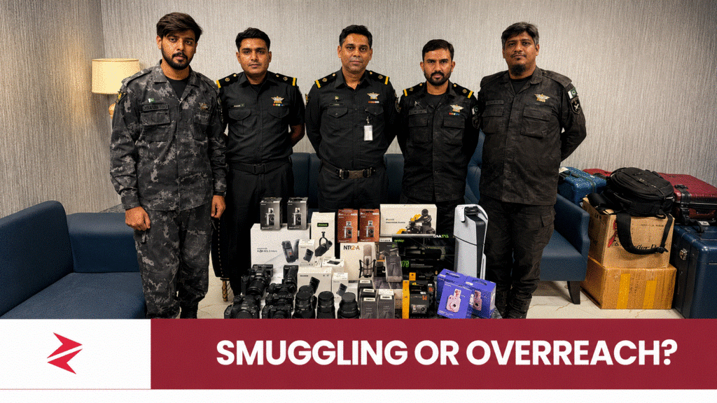 Pakistan Customs officers displaying undeclared cameras, lenses and a PS5 recovered at Karachi Airport