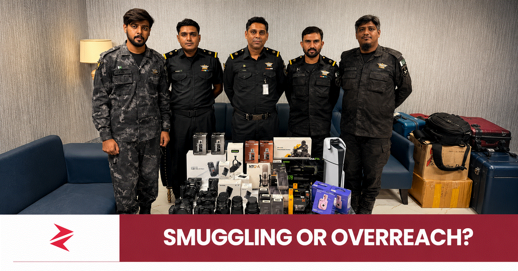 Pakistan Customs officers displaying undeclared cameras, lenses and a PS5 recovered at Karachi Airport