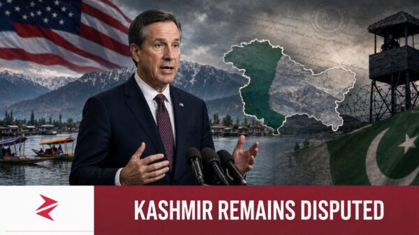 US Ambassador Sergio Gor speaking in Srinagar beside a contested Kashmir map and United Nations document backdrop