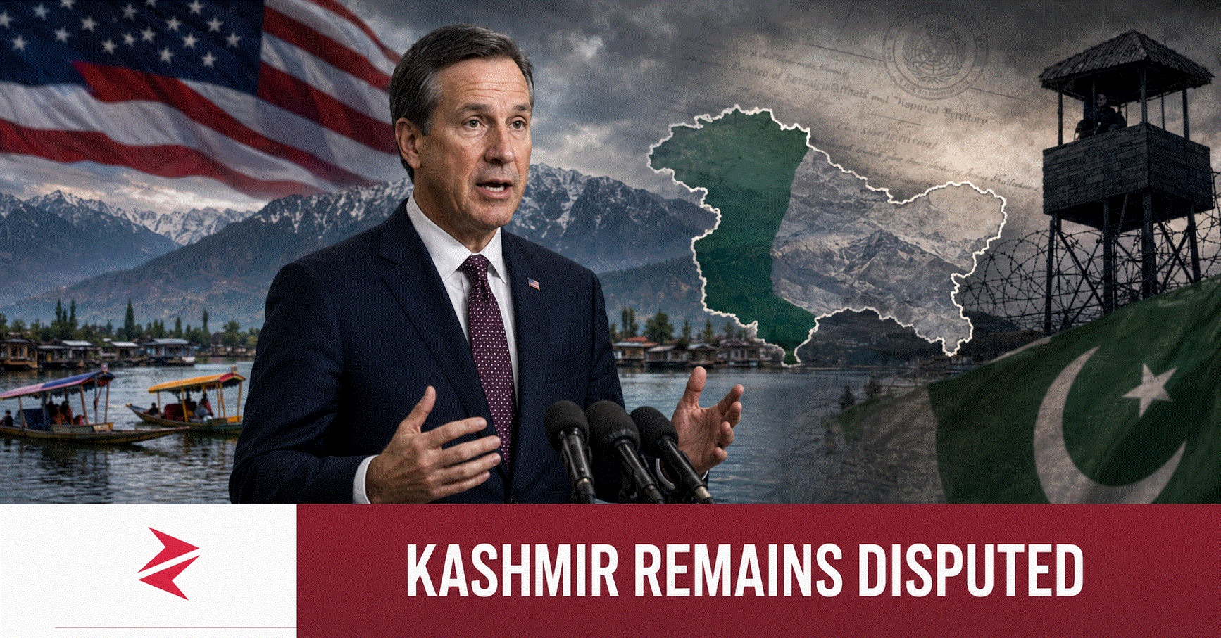 US Ambassador Sergio Gor speaking in Srinagar beside a contested Kashmir map and United Nations document backdrop