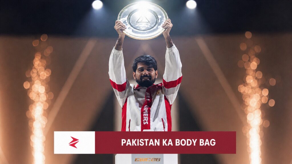 Pakistan’s M. Zubair lifting the Tekken 8 trophy after winning Esports World Cup 2026