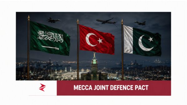 Flags of Saudi Arabia, Türkiye and Pakistan above Makkah representing the Makkah Joint Defence Agreement