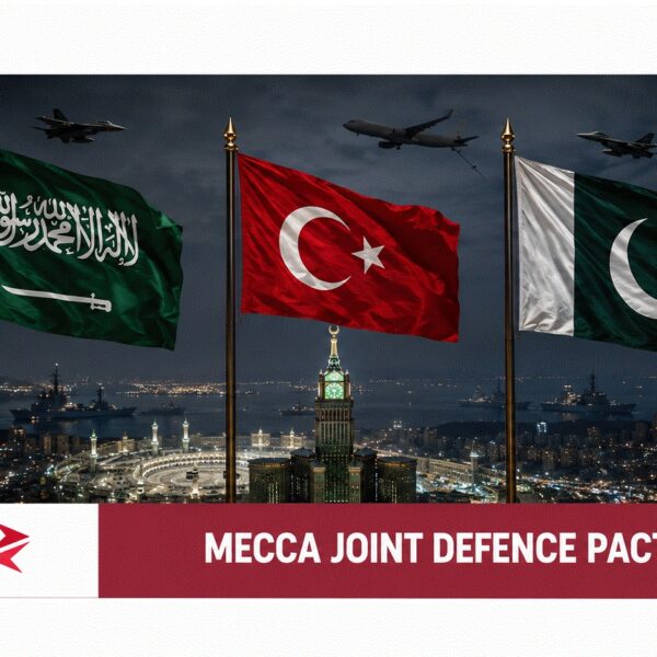 Flags of Saudi Arabia, Türkiye and Pakistan above Makkah representing the Makkah Joint Defence Agreement