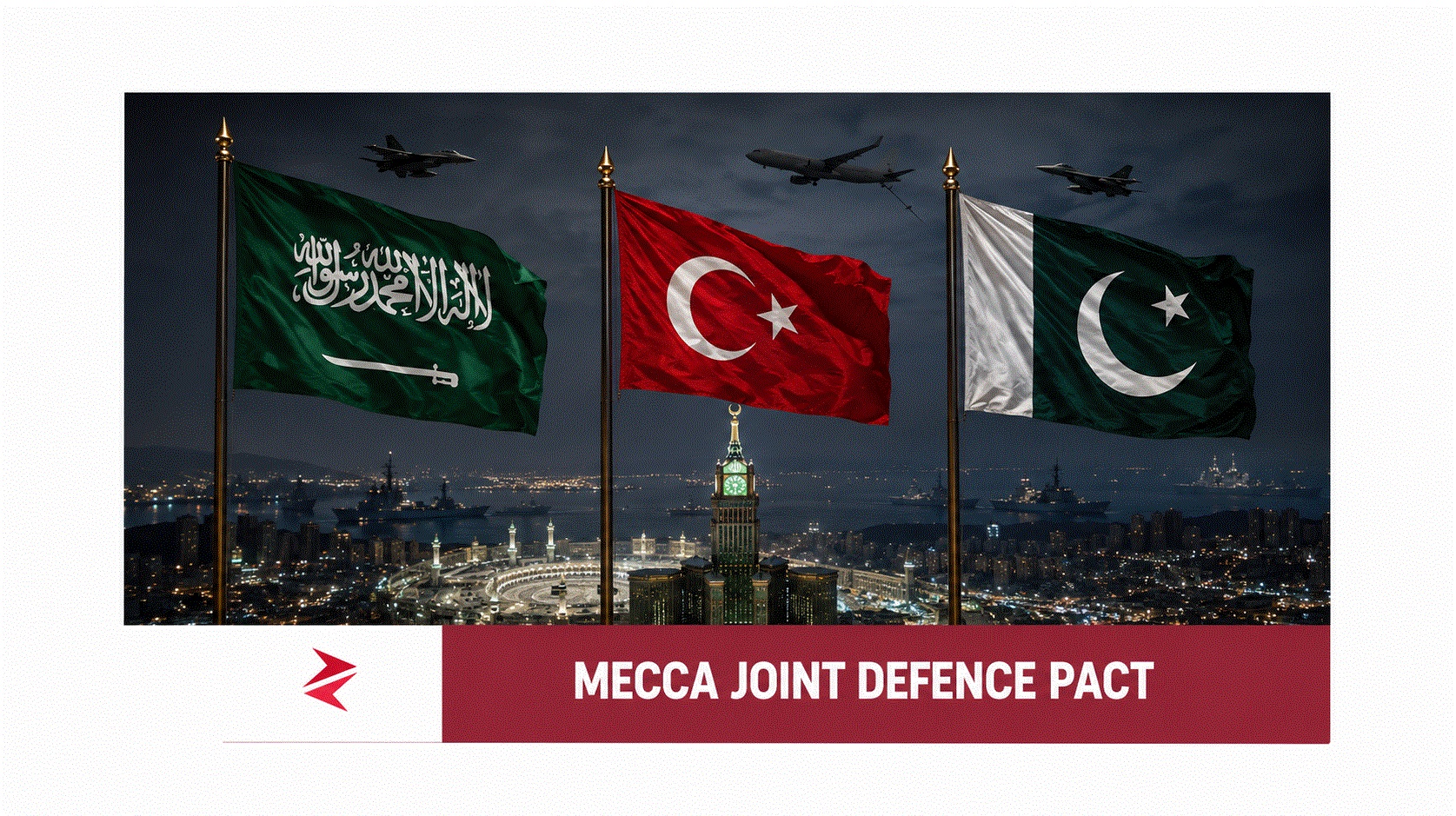 Flags of Saudi Arabia, Türkiye and Pakistan above Makkah representing the Makkah Joint Defence Agreement