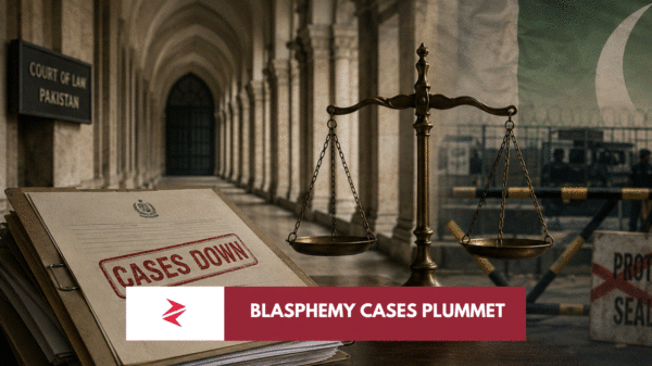 Scales of justice and falling blasphemy case files outside a Pakistani court during a state crackdown on hardline groups