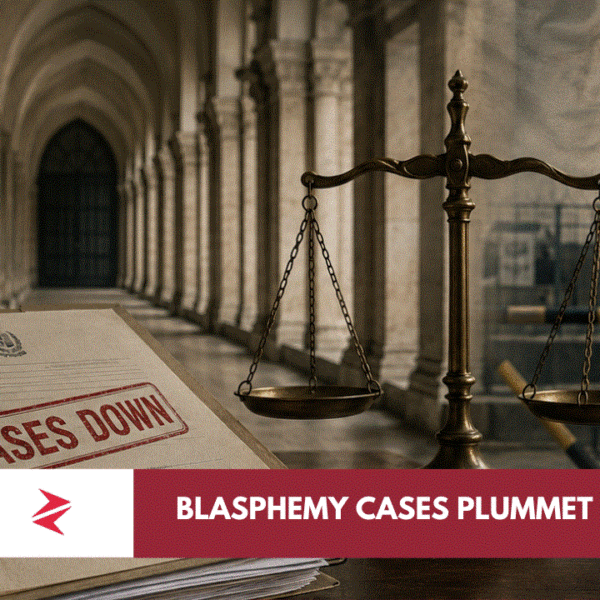 Scales of justice and falling blasphemy case files outside a Pakistani court during a state crackdown on hardline groups