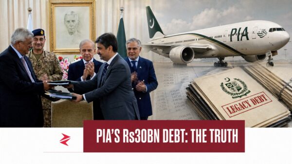 PIA management transfer ceremony beside a passenger aircraft and legacy debt files explaining Pakistan’s Rs30 billion interest bill