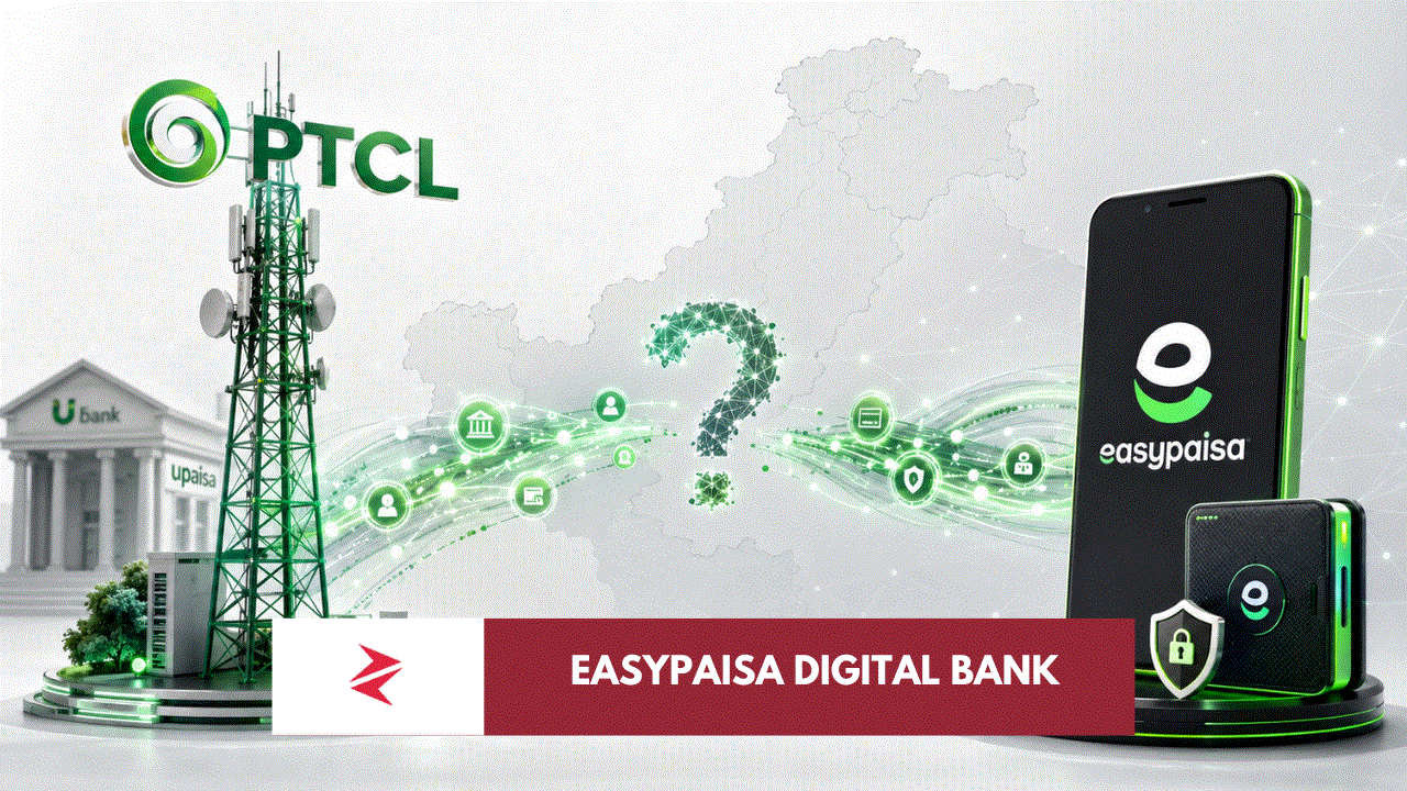 PTCL and Easypaisa logos representing the market-reported PTCL bid for Easypaisa Digital Bank in Pakistan
