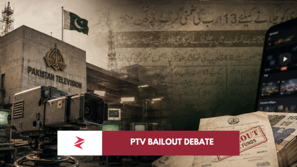 Pakistan Television headquarters, vintage camera and digital streaming phone illustrating PTV’s Rs13 billion bailout