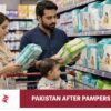 Pakistani parents comparing Pampers alternatives including locally available baby diapers in a supermarket
