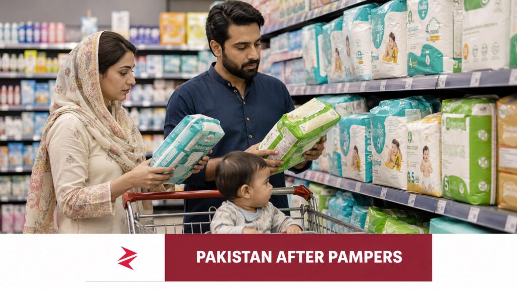 Pakistani parents comparing Pampers alternatives including locally available baby diapers in a supermarket