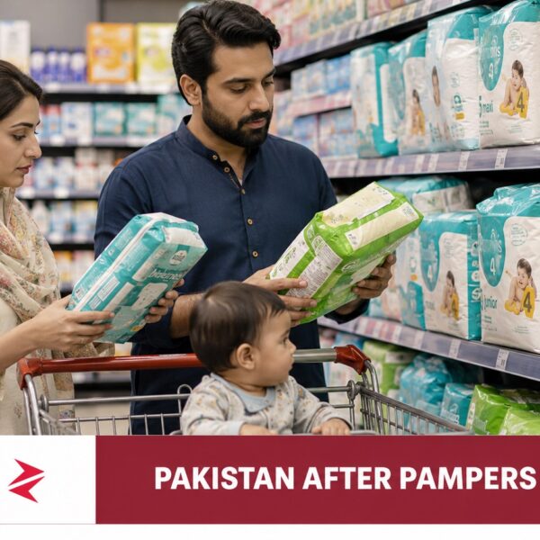 Pakistani parents comparing Pampers alternatives including locally available baby diapers in a supermarket