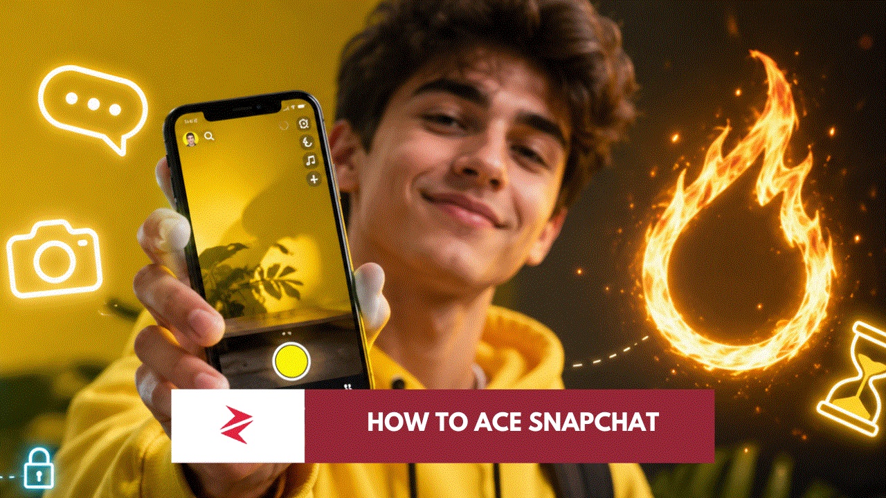 Person using Snapchat with Snapstreak flame, chat, camera and Snap Map symbols