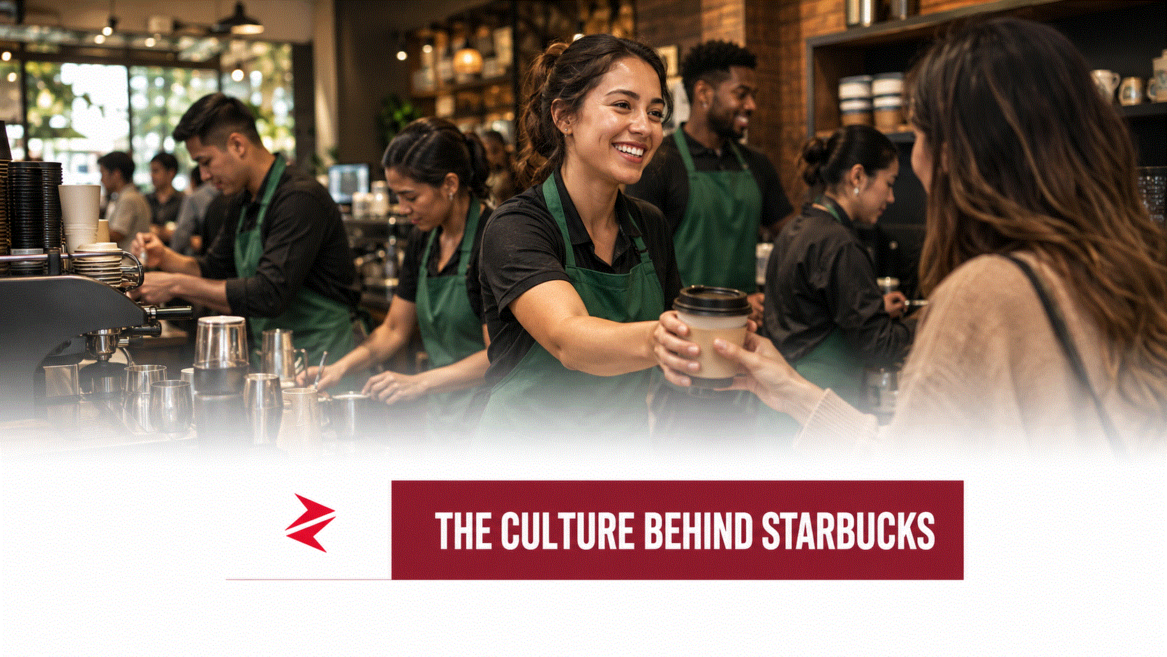 Starbucks corporate culture represented by baristas working together and serving a customer during a busy coffeehouse shift