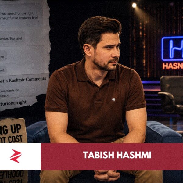Tabish Hashmi seated on a darkened comedy talk-show set after announcing his departure from Hasna Mana Hai.