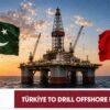Pakistan and Türkiye flags beside an offshore drilling rig as TPAO prepares to explore Pakistani waters
