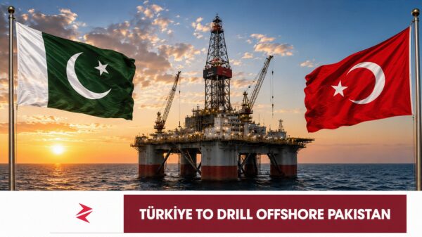 Pakistan and Türkiye flags beside an offshore drilling rig as TPAO prepares to explore Pakistani waters
