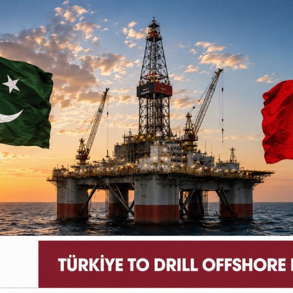 Pakistan and Türkiye flags beside an offshore drilling rig as TPAO prepares to explore Pakistani waters