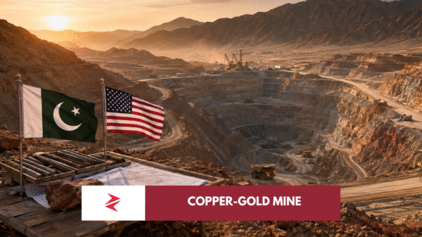 Pakistan and United States flags overlooking a large copper and gold mining project in Balochistan