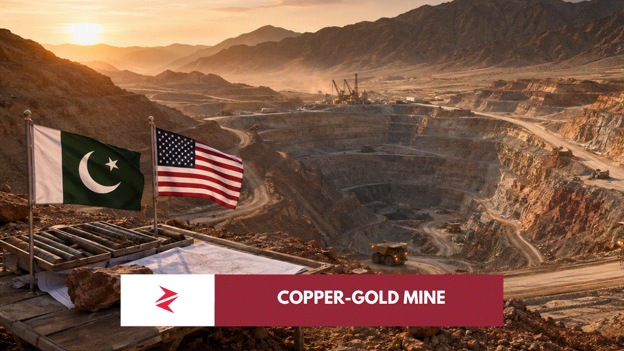 Pakistan and United States flags overlooking a large copper and gold mining project in Balochistan